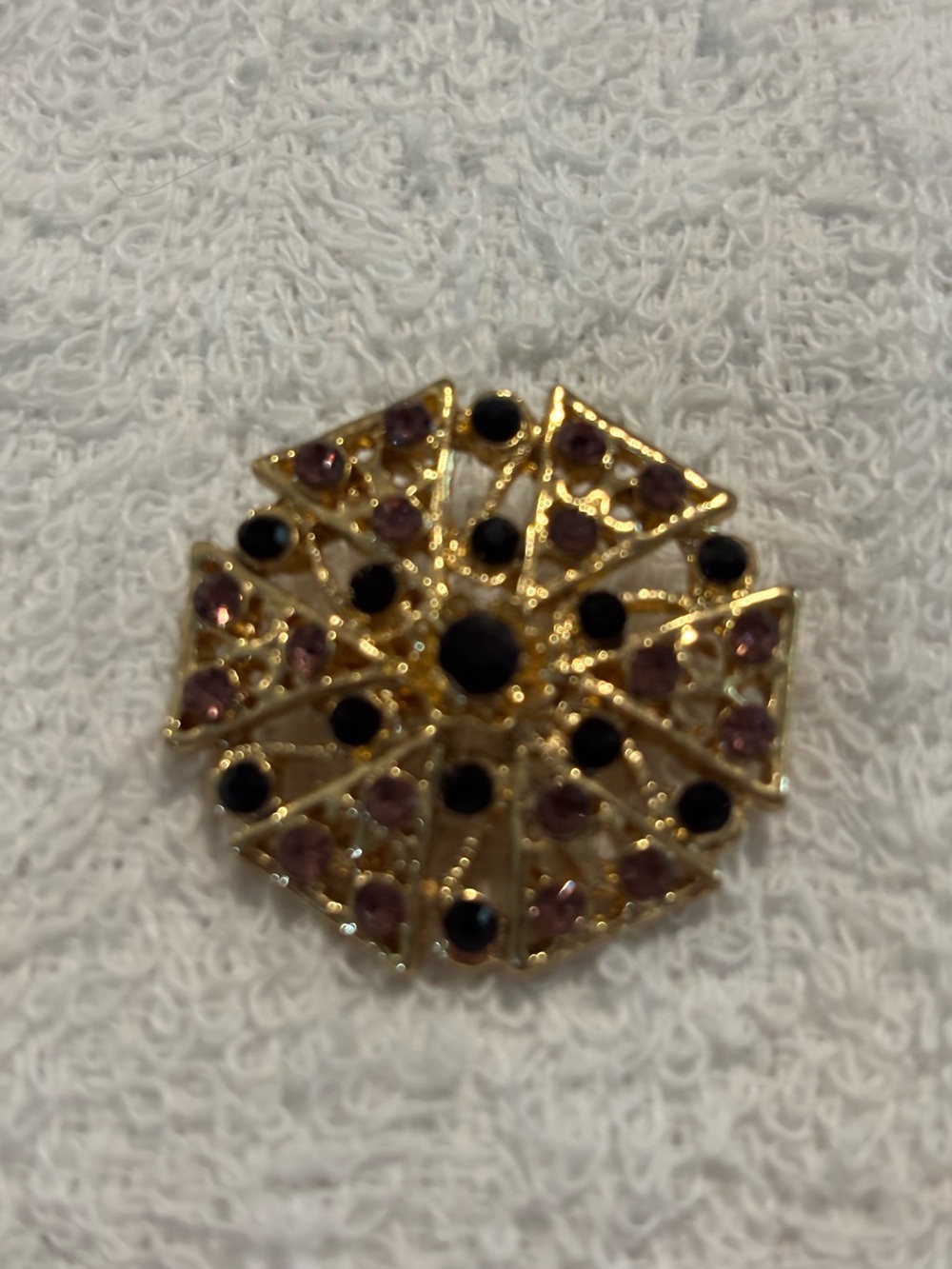 Vintage Gold Tone Brooch with Purple and Black Rhinestones